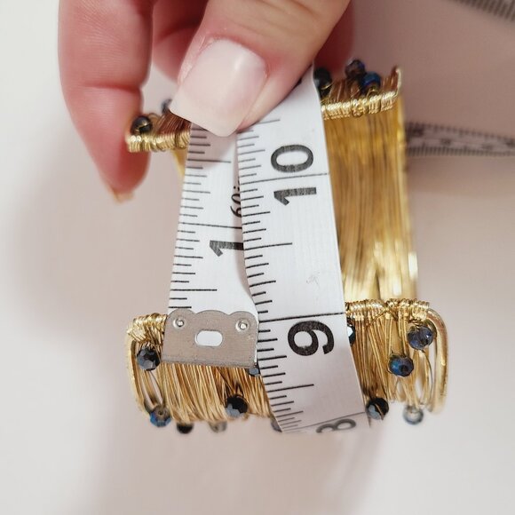 Gold Wire Wrapped Cuff Bracelet with Blue & Black Faceted Beads - Picture 8 of 8